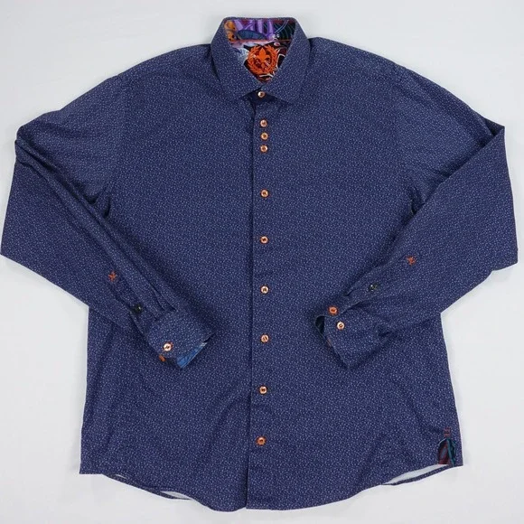 Au Noir Dress Shirt Men's Size 5 Blue Print Contrast Trim Stretch Button Down - Picture 2 of 16